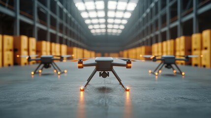 Aerial drones positioned inside a large warehouse illuminated by overhead lights, showcasing modern technology in a logistics environment.