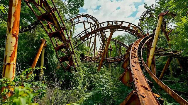 a wooden roller coaster  and  track  in a forest.