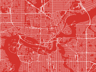 Christmas Map of Edmonton center Alberta, Canada in Snowy White on Festive Red Background.