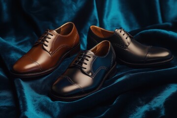 Two pairs of elegant men's leather oxford shoes in brown and black, displayed on a rich blue silk fabric.