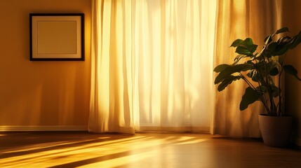 Fototapeta premium Sunlit Room Interior with Curtains and Plant
