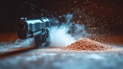 Pistol firearm with smoke and powder dust.