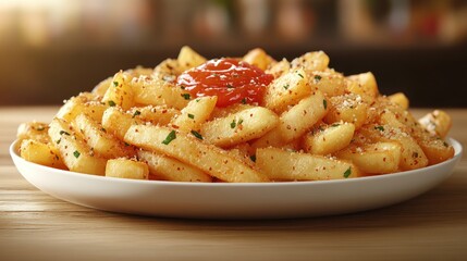 Plate of seasoned french fries topped with ketchup and parsley.