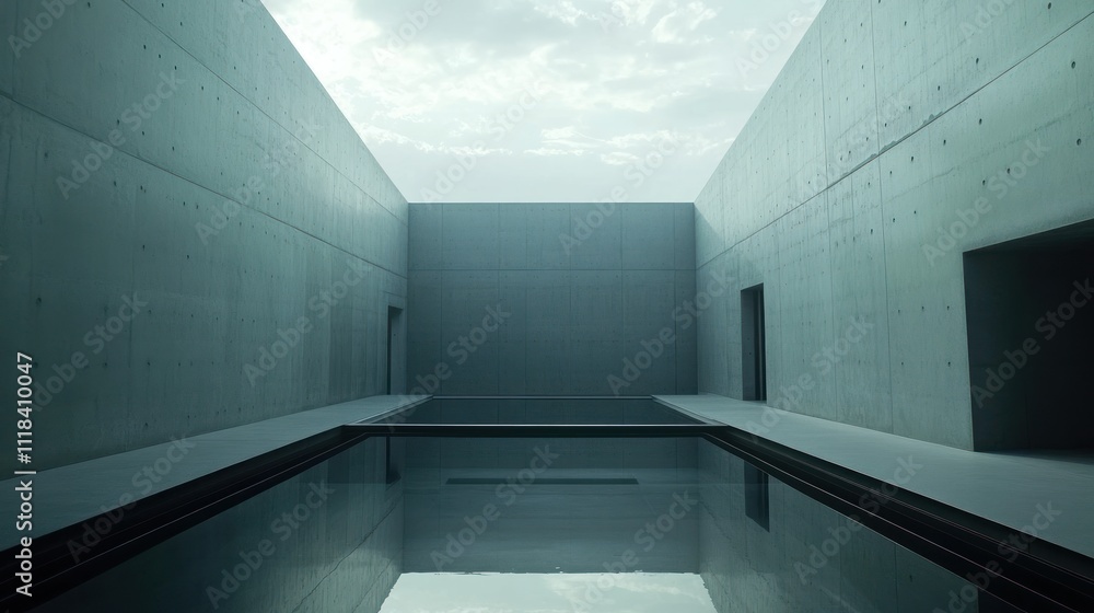 Poster minimalist concrete structure with reflecting pool