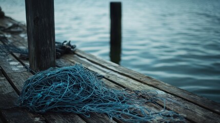 Blue Fishing Net on Old Wooden Dock Near Water
