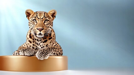 Majestic leopard resting on golden pedestal against blue background