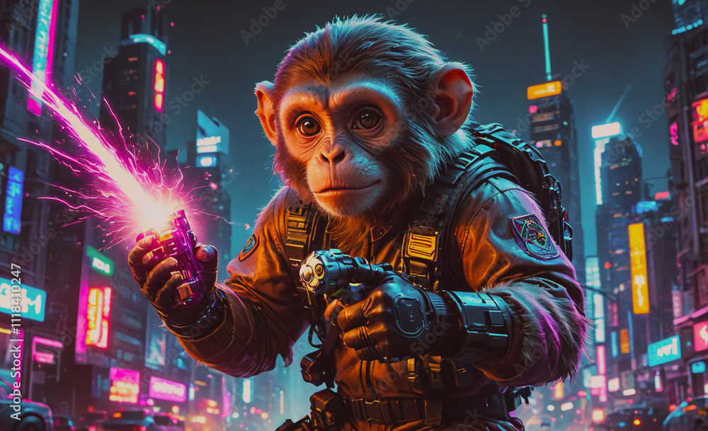 Poster a monkey is holding a gun and standing in a city. the monkey is wearing a jacket and has a backpack 