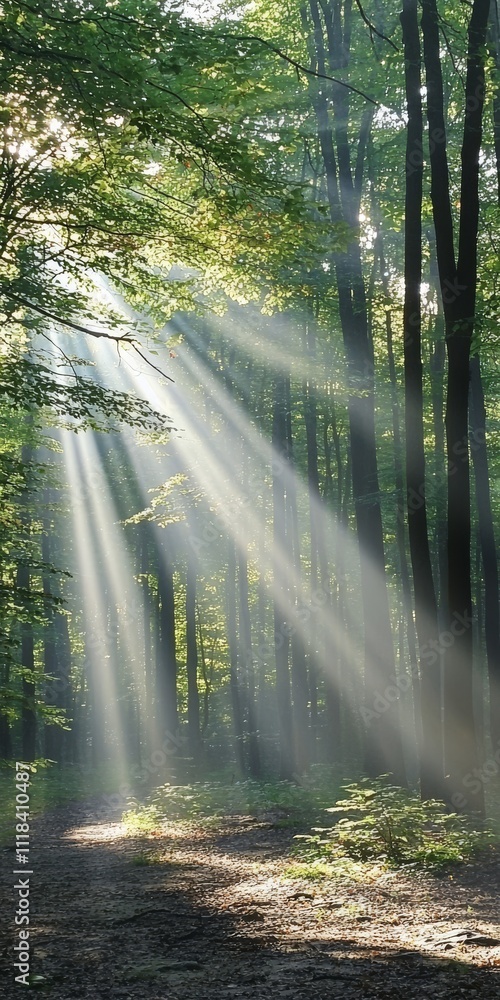 Poster Sunlight filters through the trees in a serene forest, creating a magical atmosphere with soft beams of light.