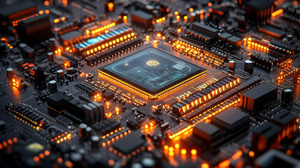 Fototapeta premium Circuit Board with Glowing Components 3D Illustration