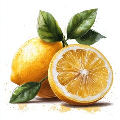 A vibrant illustration of a whole lemon and a sliced lemon with green leaves.