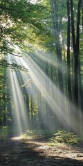 Obraz premium Sunlight filters through the trees in a serene forest, creating a magical atmosphere with soft beams of light.