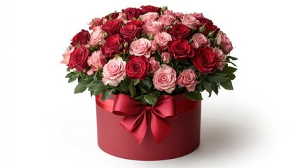Fototapeta premium Red and pink roses in a burgundy hatbox with a red ribbon.