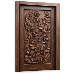 Walnut door with hand-carved floral designs, artisanal and luxurious