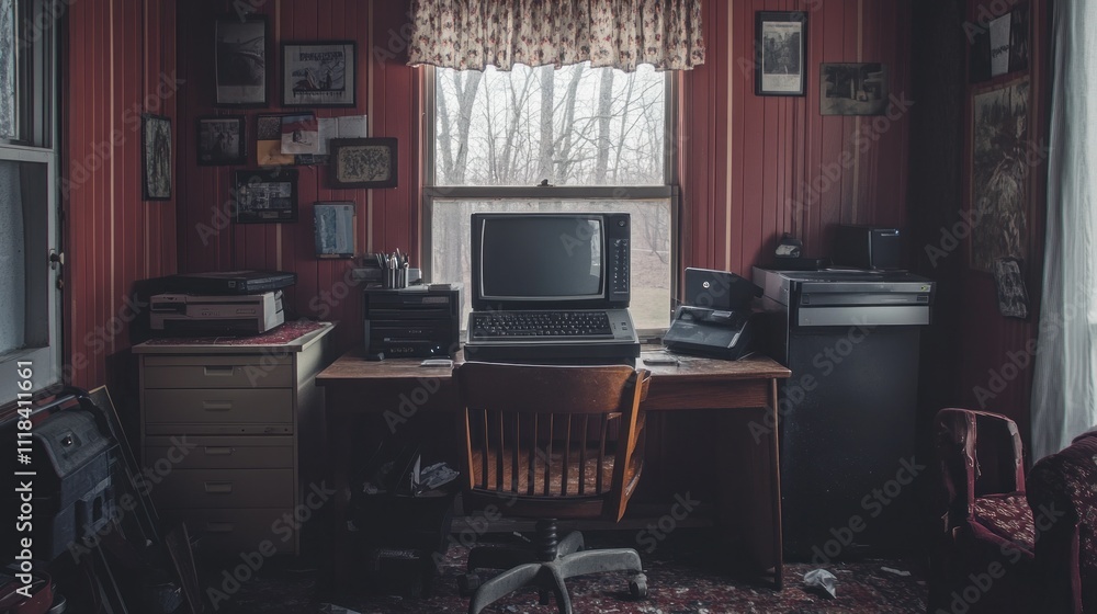 Poster retro computer setup in an abandoned room