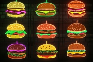 Vibrant neon burger signs featuring a variety of styles and colors, perfect for food enthusiasts and restaurant decor.