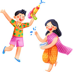 Hand-drawn man and woman in traditional Thai clothing playing water Songkran