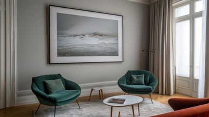 A Snow Covered Mountain Landscape Adorns A Stylish Room