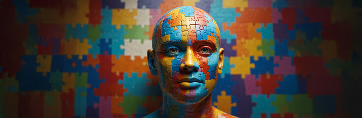 3D banner of a puzzle head for World Autism Awareness Day, symbolizing thoughtfulness and mental health. copy space.