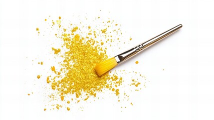 Fototapeta premium Golden paint brush and sparkling glitter on white background