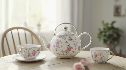 Fototapeta premium Vintage teapot and cups with floral design on wooden table for Mother's Day