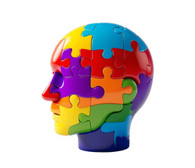 A cut out multicolored 3D render of a puzzle head for World Autism Awareness Day, world autism day concept. Transparent PNG white isolated background.