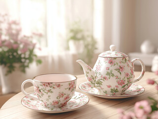 Fototapeta premium Elegant tea set with floral design in soft natural light for Mother's Day