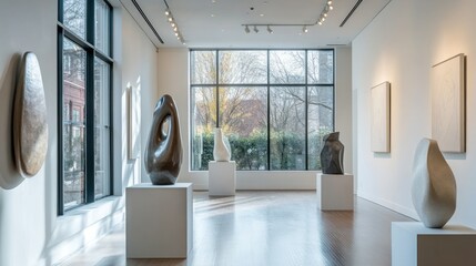 Modern art gallery interior with sculptures and paintings. (3)