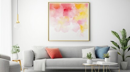 Abstract Watercolor Painting Above Modern Gray Sofa
