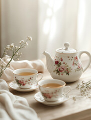 Elegant tea set with floral design on tablecloth in soft light on Mother's Day