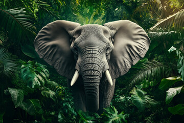 An elephant with its calf standing peacefully in a lush jungle, representing wildlife conservation, with copy space. Warm light. 