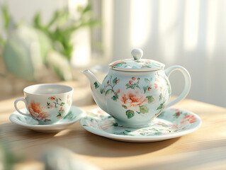 Fototapeta premium Elegant tea set with floral design in bright natural light for Mother's Day