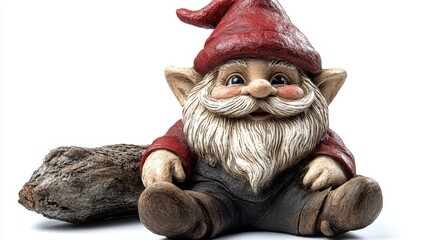 Charming garden gnome sitting on a log with a joyful expression
