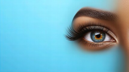 Close-up of female caucasian eye with blue background and long lashes