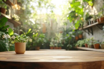 A serene indoor garden with a wooden table and potted plants in a bright atmosphere.