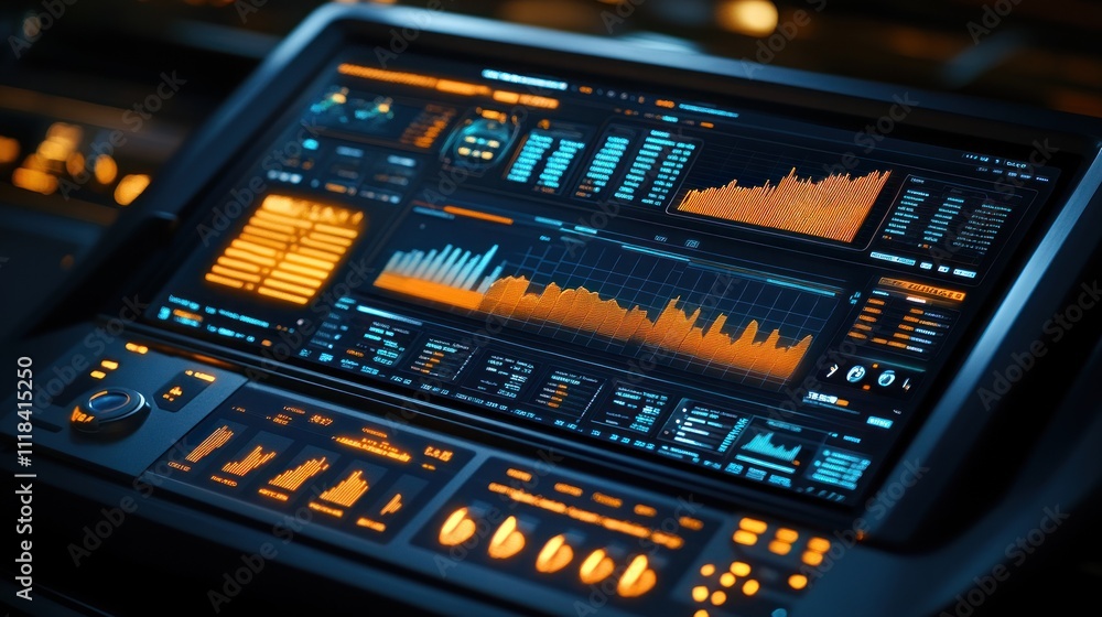 Poster futuristic digital dashboard displaying graphs, charts, and data at night.