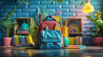 Back to school banner design with school bag with school supplies on class background, Ai Generated.