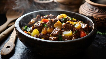 A steaming bowl of ginger beef stir fry on a dark slate countertop, surrounded by decorative wooden utensils