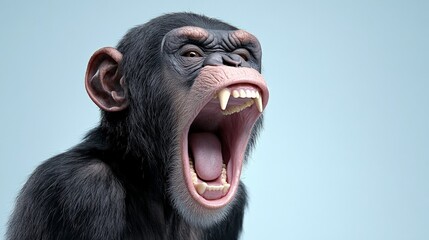 Chimpanzee Yelling: A close-up portrait of a chimpanzee with an open mouth, showcasing its teeth and making a loud, expressive yell.