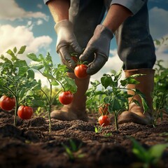 Fototapeta premium A farmer harvesting ripe tomatoes in a sunlit field, showcasing nature's bounty and sustainable agriculture practices.