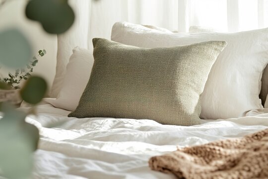 Comfortable bed with pillows in soft morning light