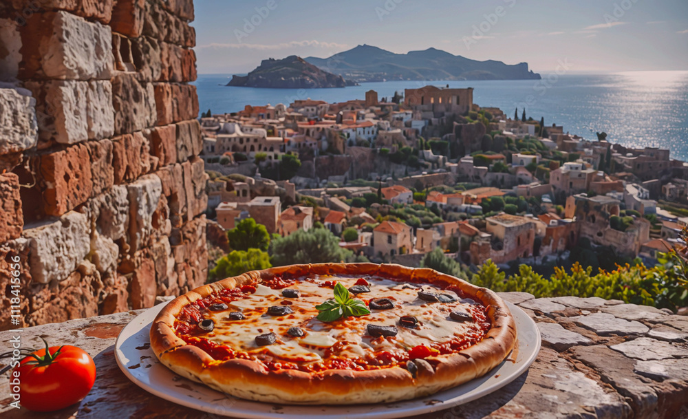 Poster A large pizza with a variety of toppings sits on a white plate on a brick wall. The pizza is surrounded by a beautiful view of the ocean and a city. Concept of relaxation and enjoyment