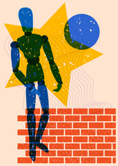 Risograph Wooden Puppet, Mannequin with geometric shapes. Objects in trendy riso graph print texture style design with geometry elements.