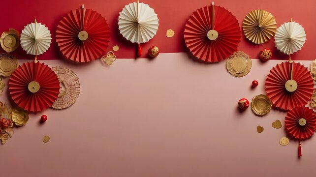 Chinese New Year celebration concept. Banner design with red paper fans decorations on red background with copy space.
