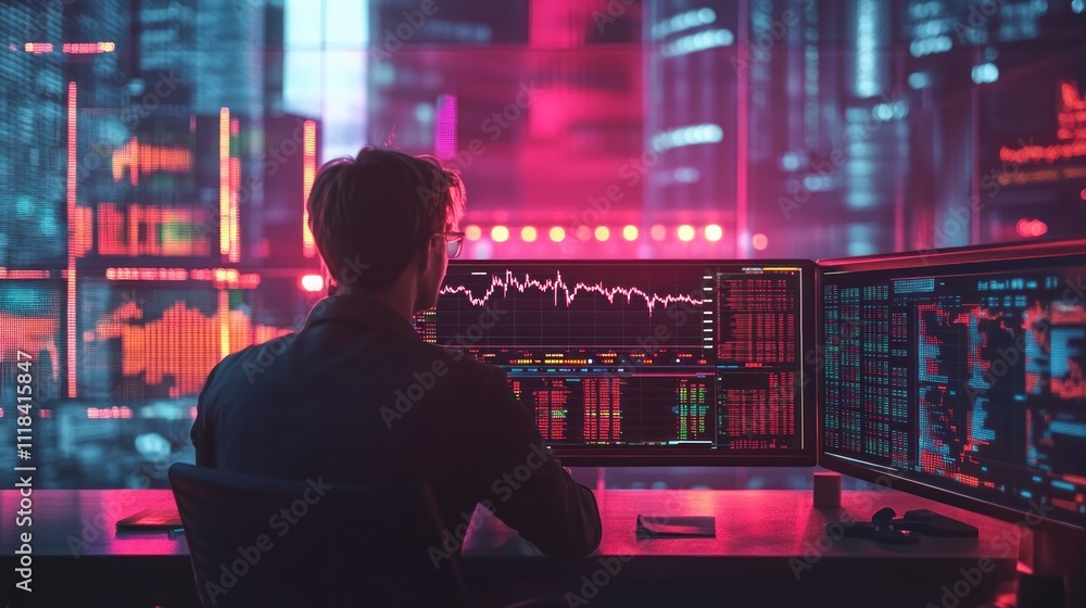 Aufkleber trader analyzing financial data on multiple monitors at night in a futuristic city setting.