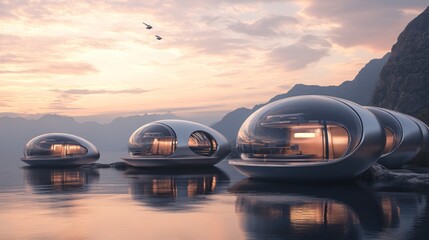 Obraz premium Futuristic Dome Homes on Calm Lake at Sunset