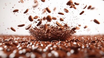 Coffee beans exploding and splashing on a surface.