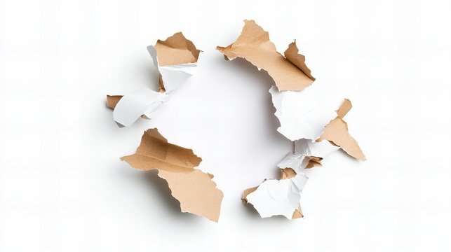 Torn cardboard and paper forming a circular pattern on white background
