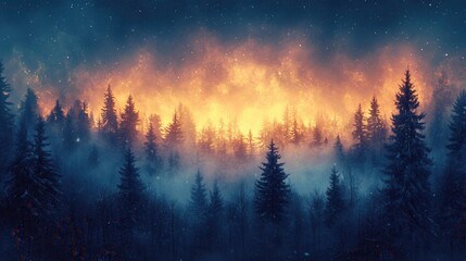 Enchanted Night Forest with Glowing Flames and Mystical Fog
