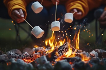 A cozy evening around the campfire, roasting marshmallows on sticks, creating a warm and inviting atmosphere.