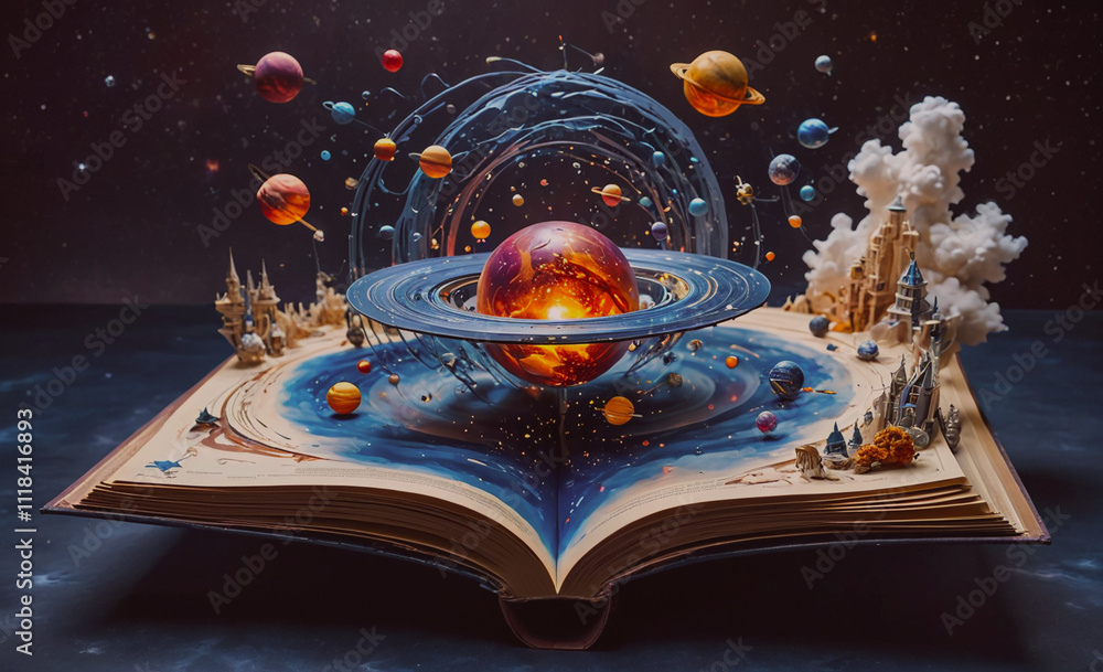Poster the book is opened to a page with a vibrant and imaginative illustration of planets and a sun. the s